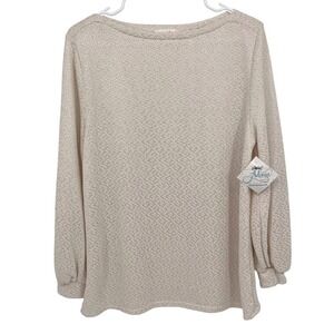 NWT Perfect Peach Women's Sweater Top  Medium Ivory Sparkle Textured Puff Sleeve